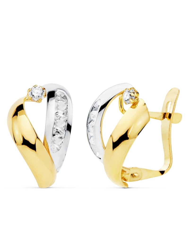 Pendientes oro 18k bicolor circonita cierre catalán 16x9mm