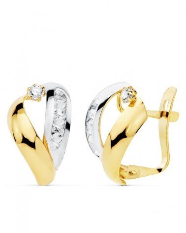 Pendientes oro 18k bicolor circonita cierre catalán 16x9mm