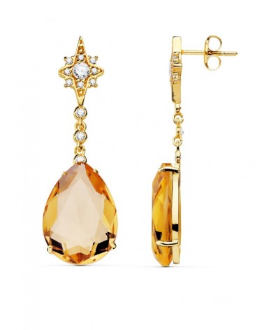 Pendientes oro 18k largos piedra champagne 41mm