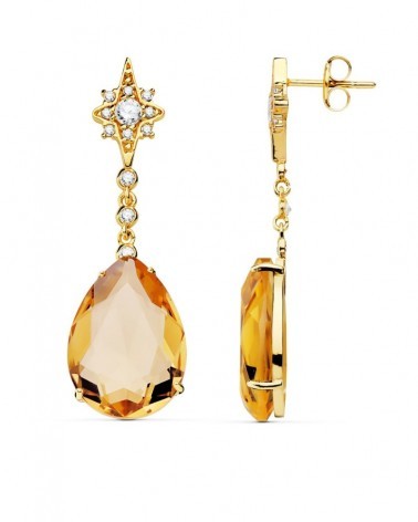 Pendientes oro 18k largos piedra champagne 41mm