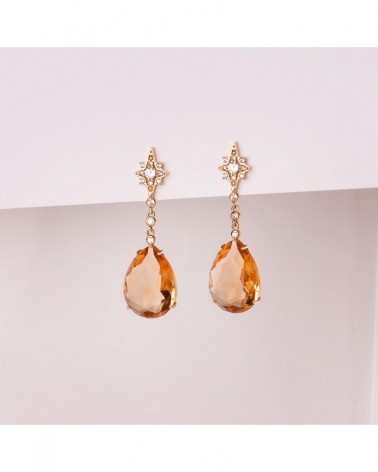 Pendientes oro 18k largos piedra champagne 41mm
