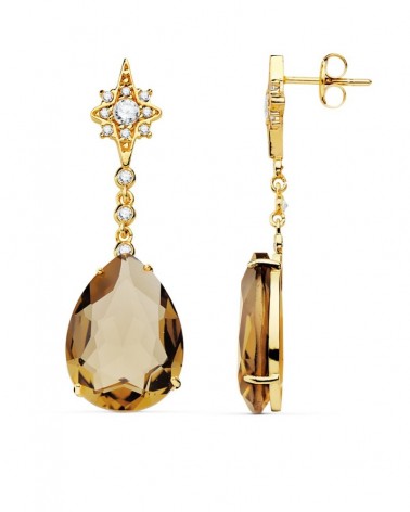 Pendientes oro 18k largos piedra color fumé 41mm