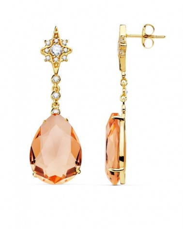 Pendientes oro 18k largos piedra color gota 41x13mm