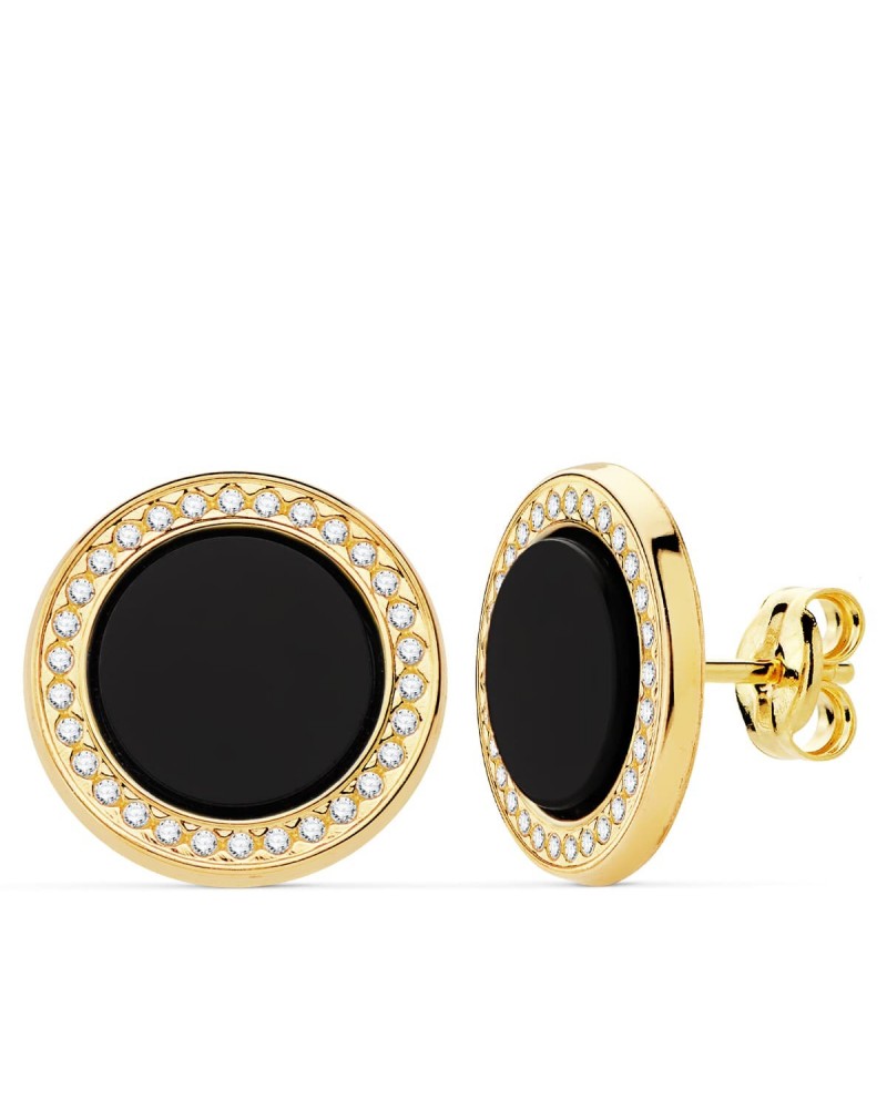 Pendientes oro 18k redondos ónix circonita 12,5 mm