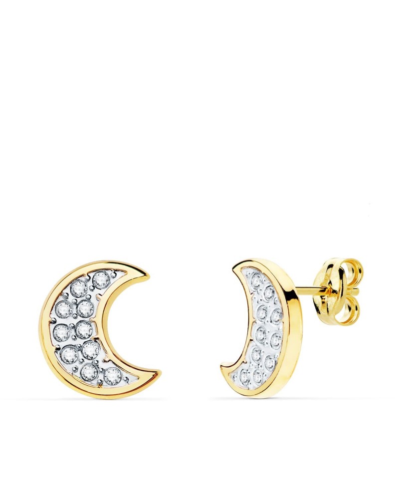 Pendientes oro 18k bicolor luna circonita 11x9mm