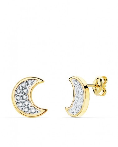 Pendientes oro 18k bicolor luna circonita 11x9mm
