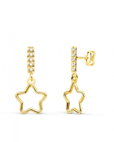 Pendientes oro 18k estrella colgante circonita 17x8 mm