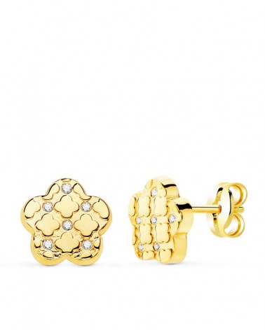 Pendientes oro 18k flor circonita 7,5mm cierre presión