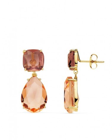 Pendientes oro 18k largos piedras color 24x10mm