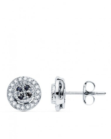 Pendientes oro blanco 18k redondos circonita y zafiros 8mm