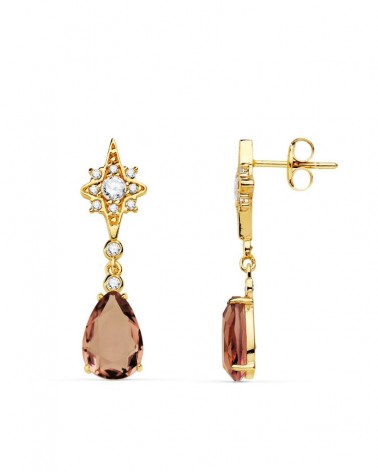 Pendientes oro 18k largos estrella piedra color 29mm