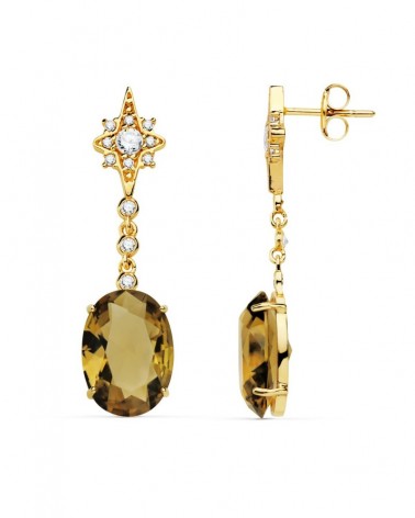 Pendientes oro 18k largos piedra color fumé 37mm