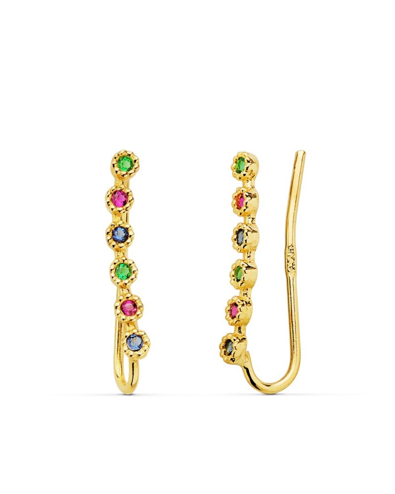 Pendientes oro 18k trepadores circonita colores 15mm