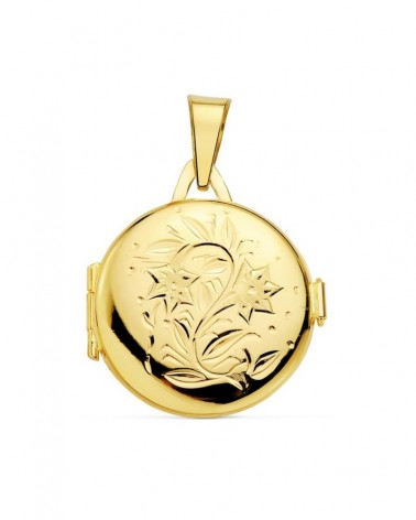 Guardapelo oro 18k redondo grabado floral 21mm