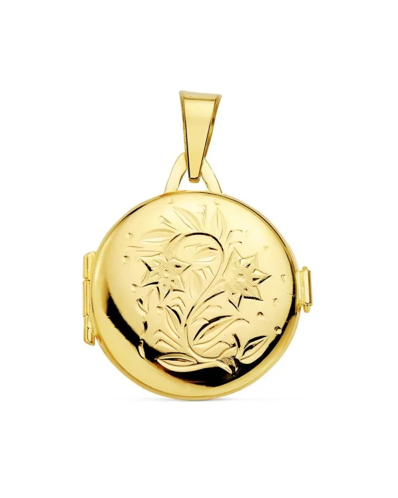 Guardapelo oro 18k redondo grabado floral 21mm