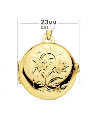 Guardapelo oro 18k redondo grabado floral 21mm