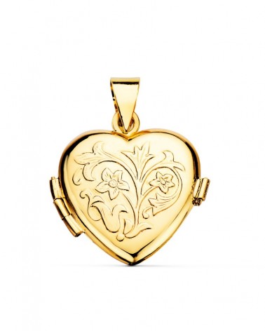 Guardapelo oro 18k corazón grabado flores 20x20mm