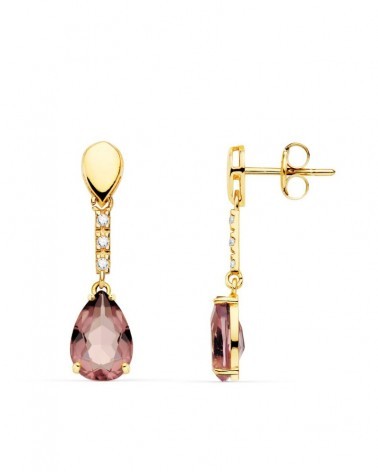 Pendientes oro 18k piedras color gota 28x7mm