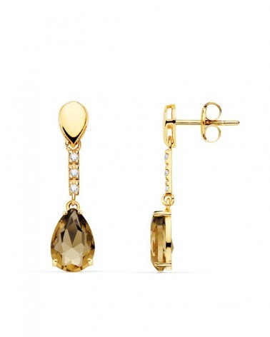 Pendientes oro 18k largos piedra color fumé 28mm