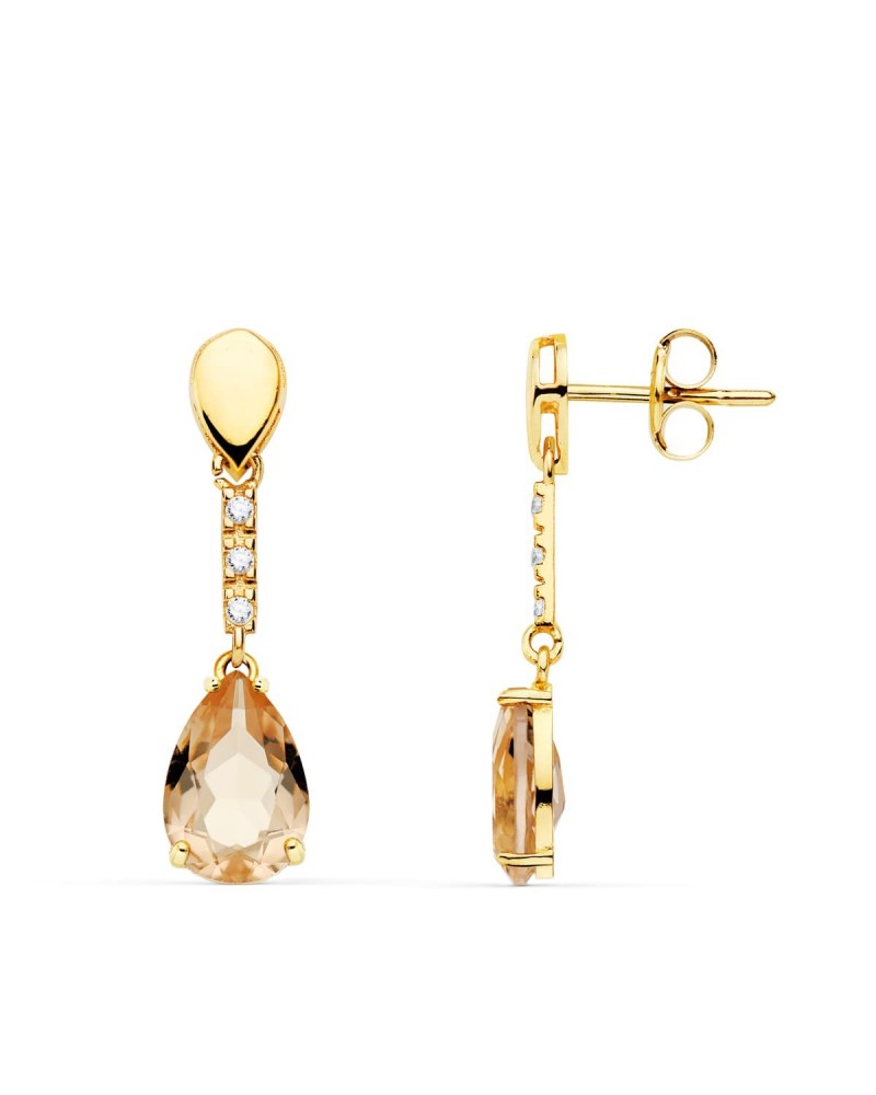 Pendientes oro 18k largos piedra color gota 28x7mm