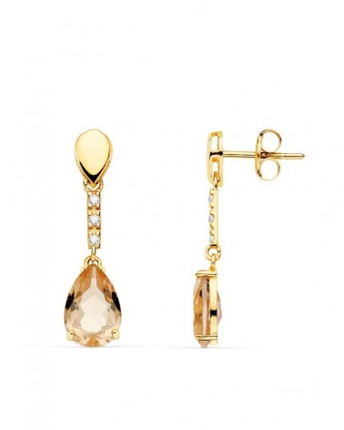 Pendientes oro 18k largos piedra color gota 28x7mm