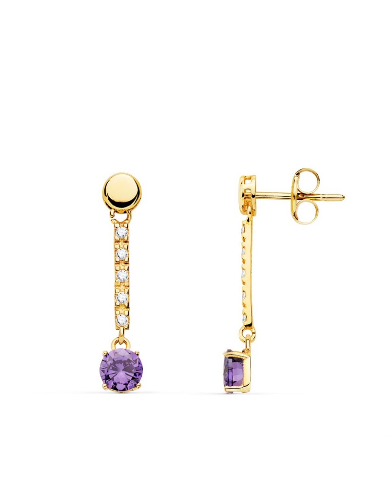 Pendientes oro 18k largos amatista 25x5mm