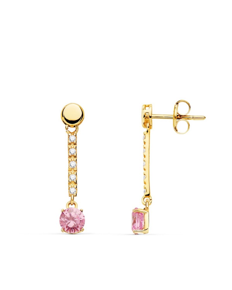 Pendientes oro 18k rosa largos piedra rosa 25mm