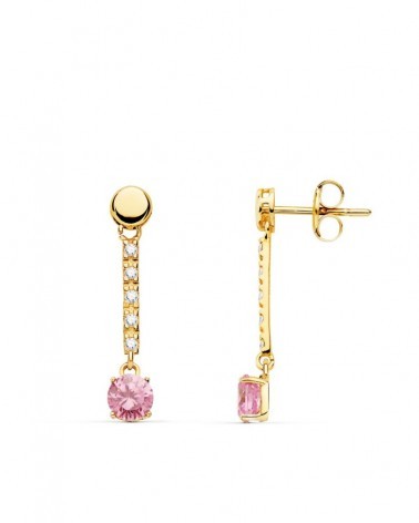 Pendientes oro 18k rosa largos piedra rosa 25mm