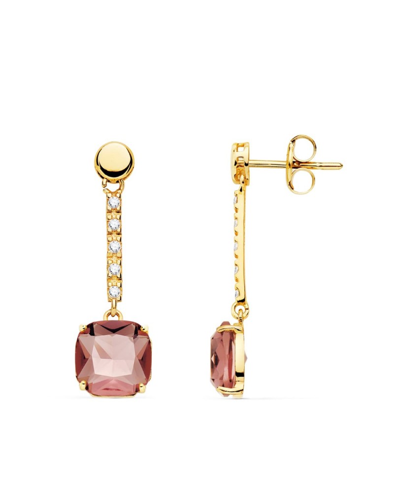 Pendientes oro 18k largos piedra color 28x8mm