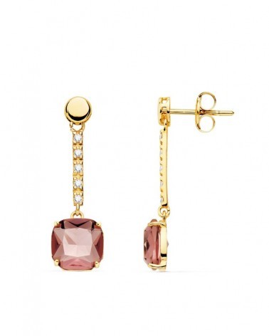 Pendientes oro 18k largos piedra color 28x8mm