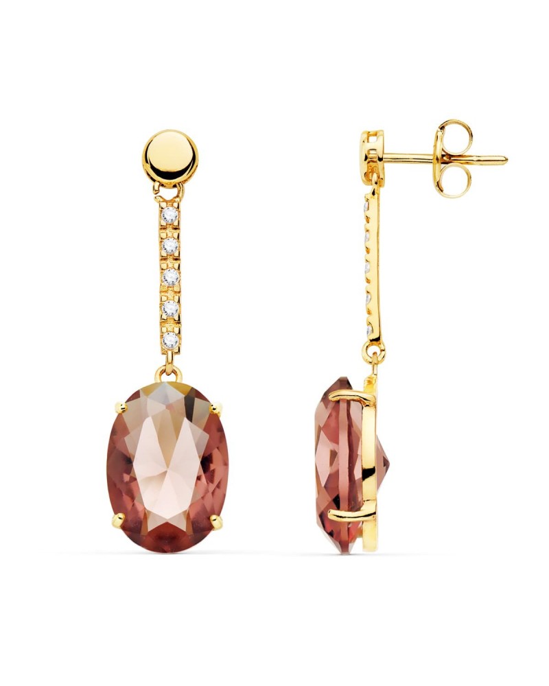 Pendientes oro 18k largos piedra color 35x10 mm
