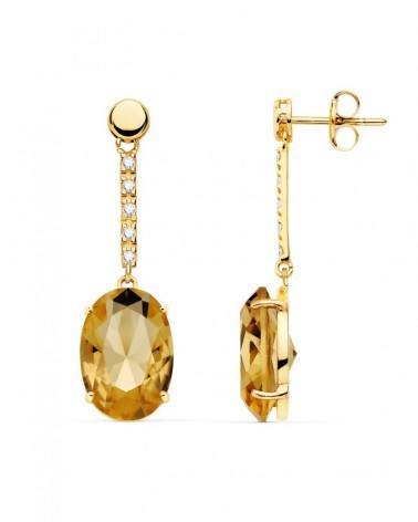 Pendientes oro 18k largos piedra champagne 35x10mm
