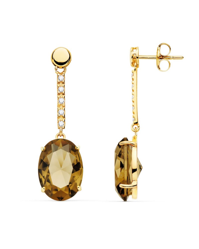 Pendientes oro 18k largos piedra fumé circonita 35mm