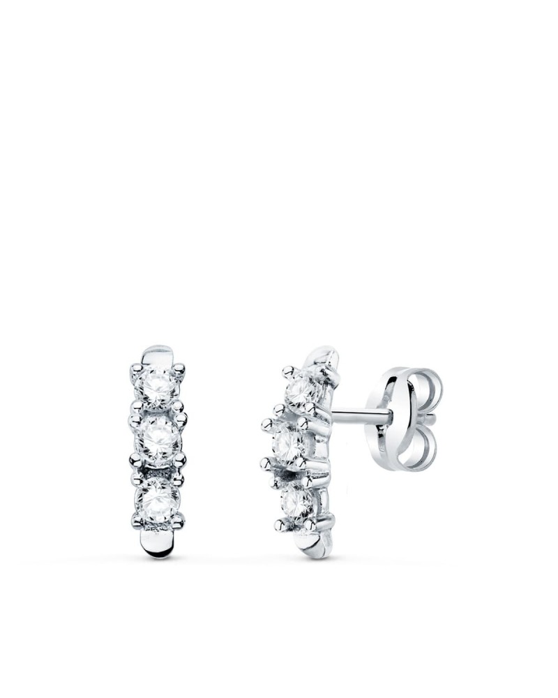 Pendientes oro blanco 18k circonita tres piedras 9,5mm