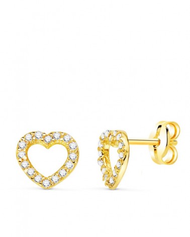 Pendientes oro 18k corazón circonita cierre presión 7x7 mm