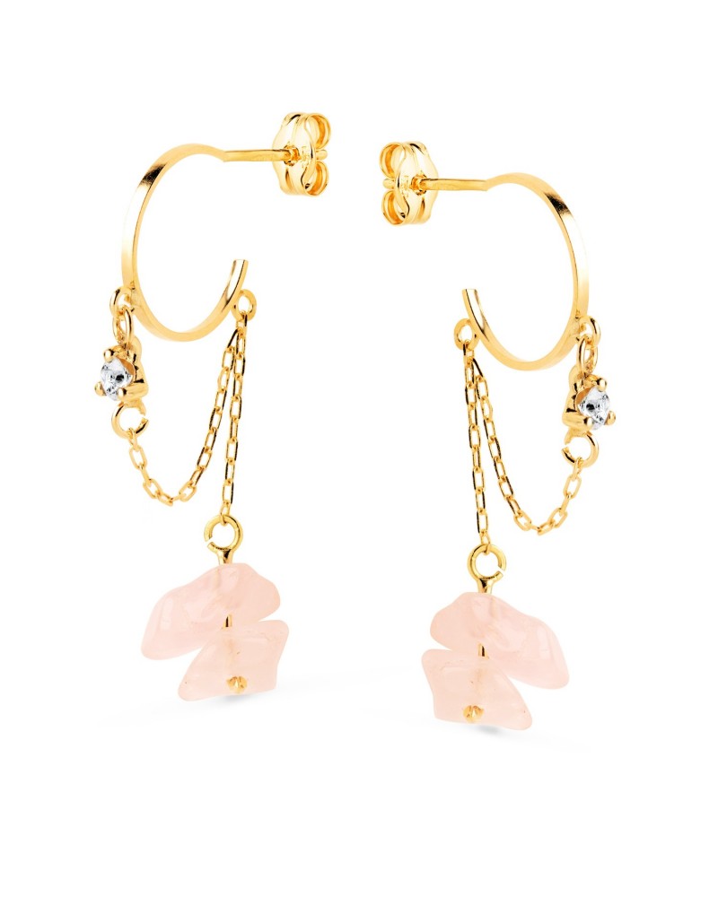 Pendientes oro 18k aros cuarzo rosa circonita cadena