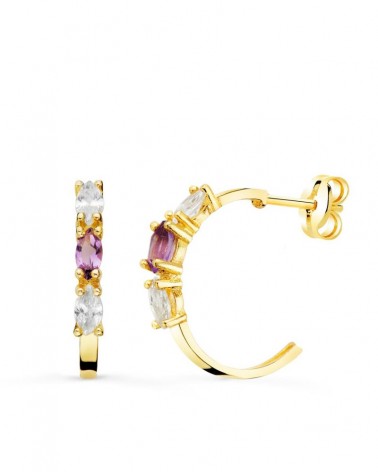 Pendientes oro 18k medio aro amatista marquise 15mm