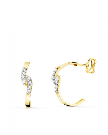 Pendientes oro 18k bicolor media aro circonita 15x3mm