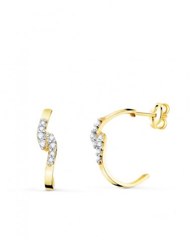 Pendientes oro 18k bicolor media aro circonita 15x3mm