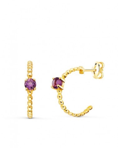Pendientes oro 18k medio aro amatista 13x3mm