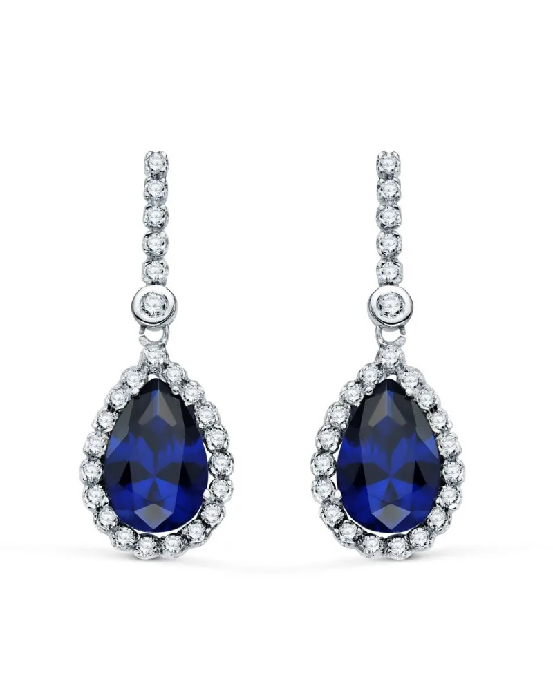 Pendientes oro blanco 18k piedra azul gota circonita