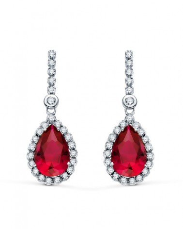 Pendientes oro 18k blanco lágrima piedra roja 12x8mm