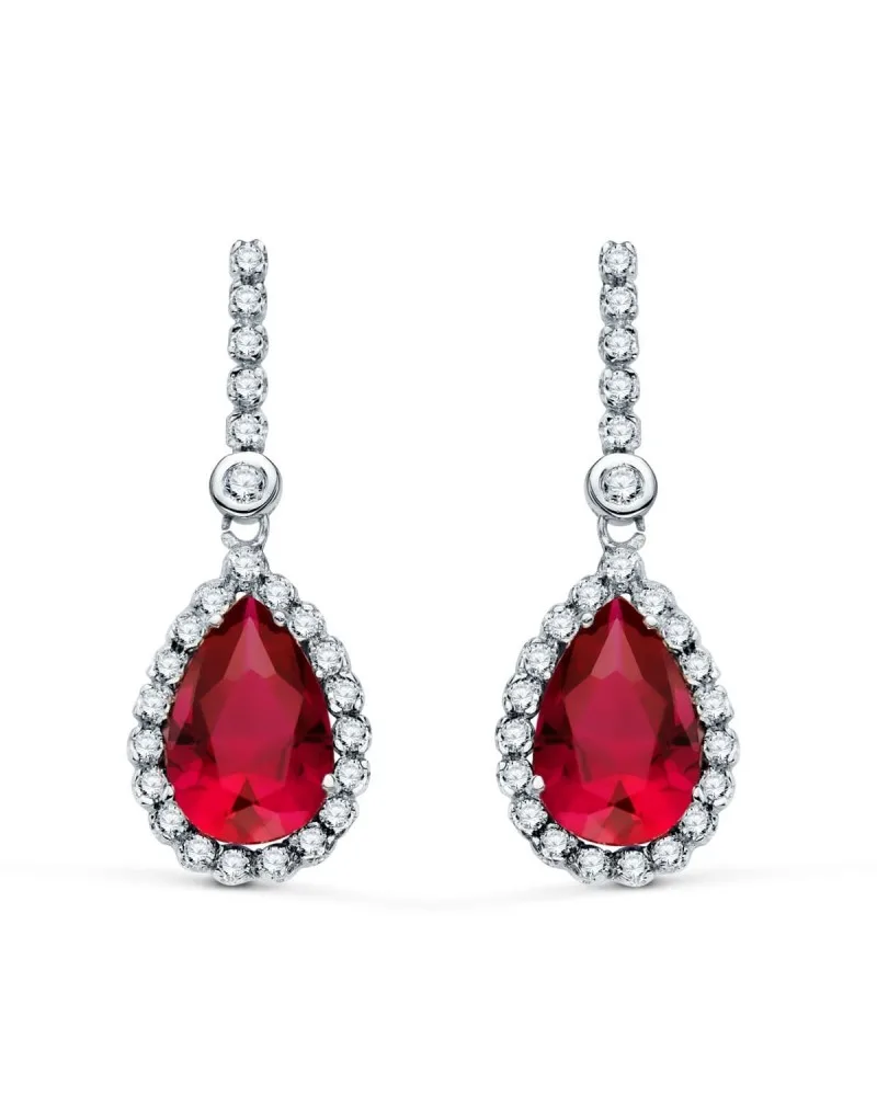 Pendientes oro 18k blanco lágrima piedra roja 12x8mm
