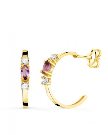 Pendientes oro 18k medio aro amatista 15x2 mm