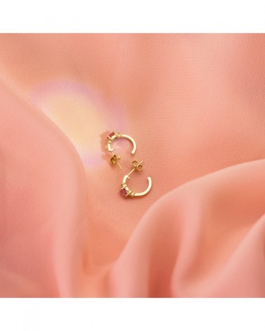 Pendientes oro 18k rosa medio aro circonita rosa 12x3mm