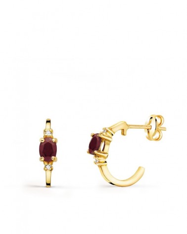 Pendientes oro 18k medio aro rubí 12x3 mm