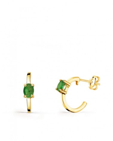 Pendientes oro 18k medio aro piedra verde 12x3mm