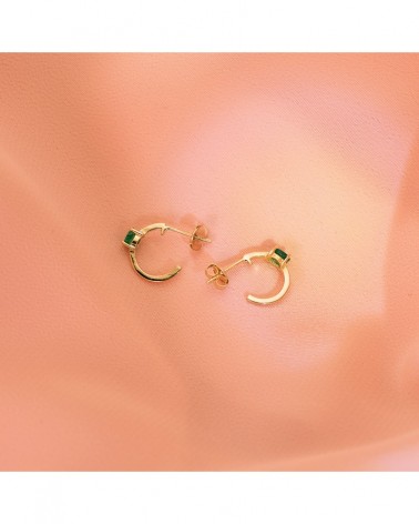 Pendientes oro 18k medio aro piedra verde 12x3mm