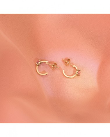 Pendientes oro rosa 18k medio aro circonita rosa 12x3mm