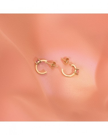 Pendientes oro rosa 18k medio aro circonita rosa 12x3mm